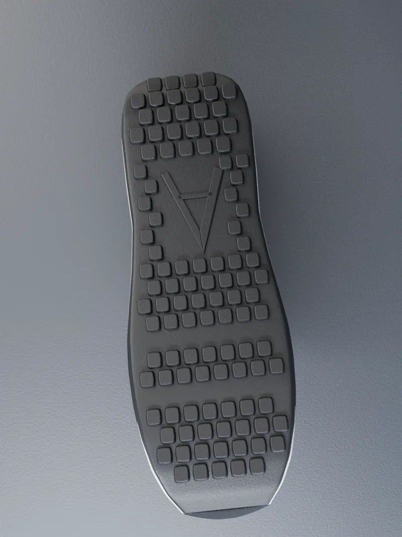 The outsole: full-contact black rubber with 93 shallow square lugs, larger through the heel-strike zone and finer through the forefoot, with the A moulded into the arch where it never touches the ground.