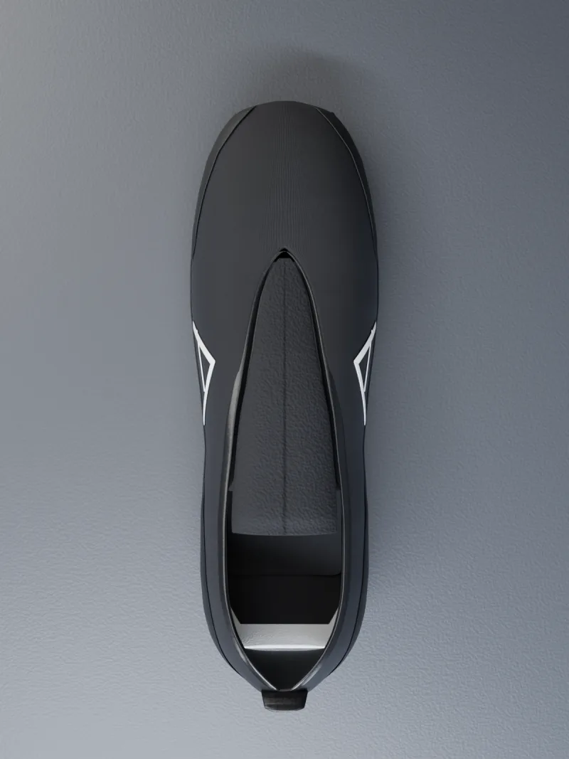 Top-down view of the AERO A-01 showing a one-piece upper with no lacing, no eyestay and no eyelets, and the padded tongue centred in the throat.